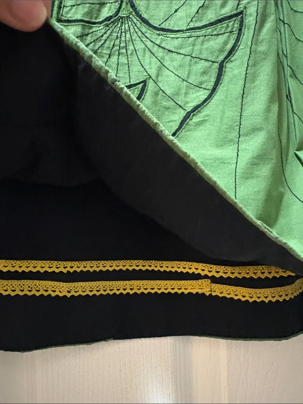 Black and Green A-Line Skirt with Embroidered Bird Detail